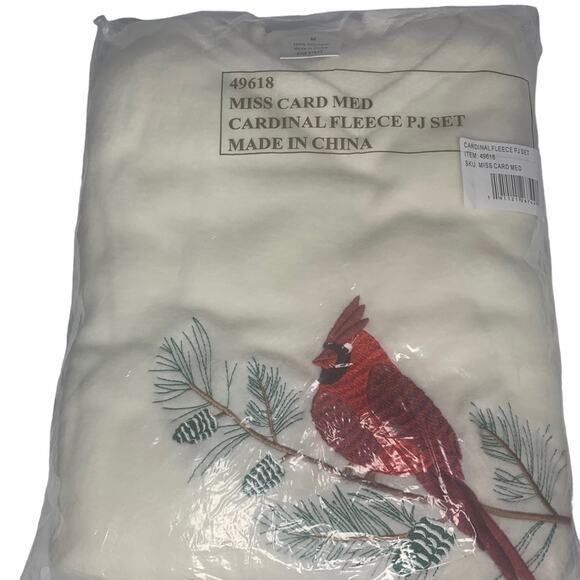 Cardinal Embroidered NWT Fleece Pajamas Set Cream Shirt and Blue Pants S… - Picture 5 of 7